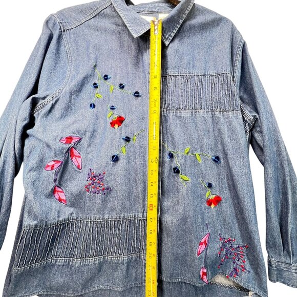 Vtg Bobbie Brooks Embroidered Denim Floral Shirt XL Floral Pintuck Blue Collar - Picture 16 of 16